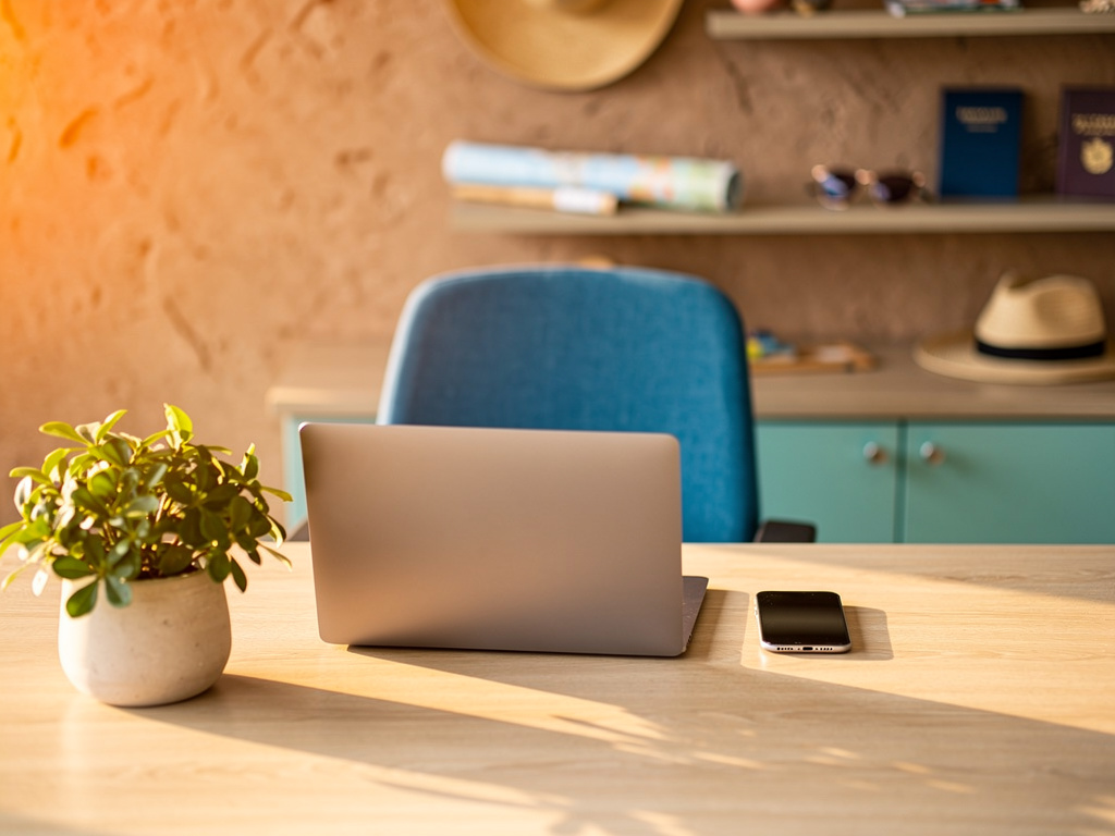 The agency front desk with a laptop, a phone, a small plant and an ocean-blue chair, softly out of focus, in warm aftern