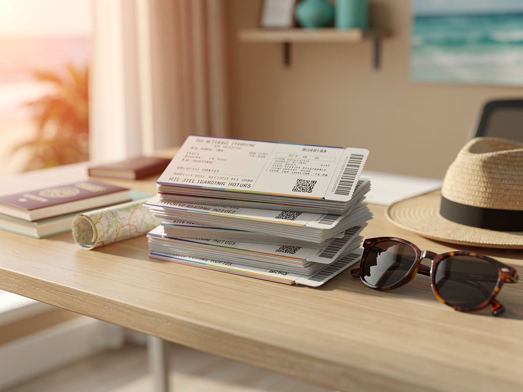 Neatly stacked travel documents, boarding passes and hotel vouchers on a light wood desk in warm sunlight.