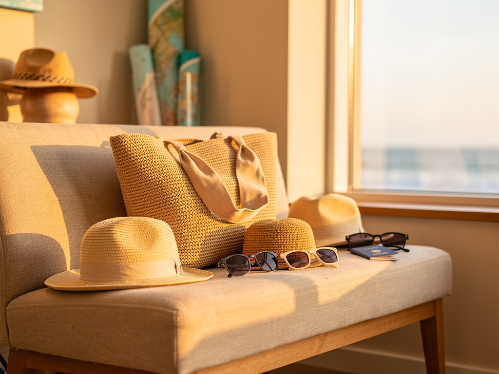 A cozy family-sized arrangement of straw hats, a beach bag and sunglasses on a sand-colored bench by the window.