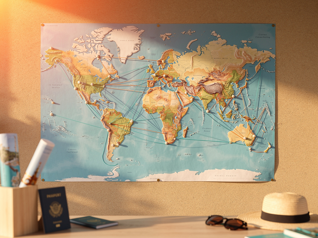 A world map pinned to a sand-toned wall with turquoise and orange thread connecting destinations.
