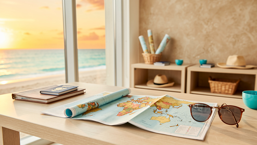 A light wood planning desk with an open map, passports and sunglasses beside a wide window overlooking a turquoise beach