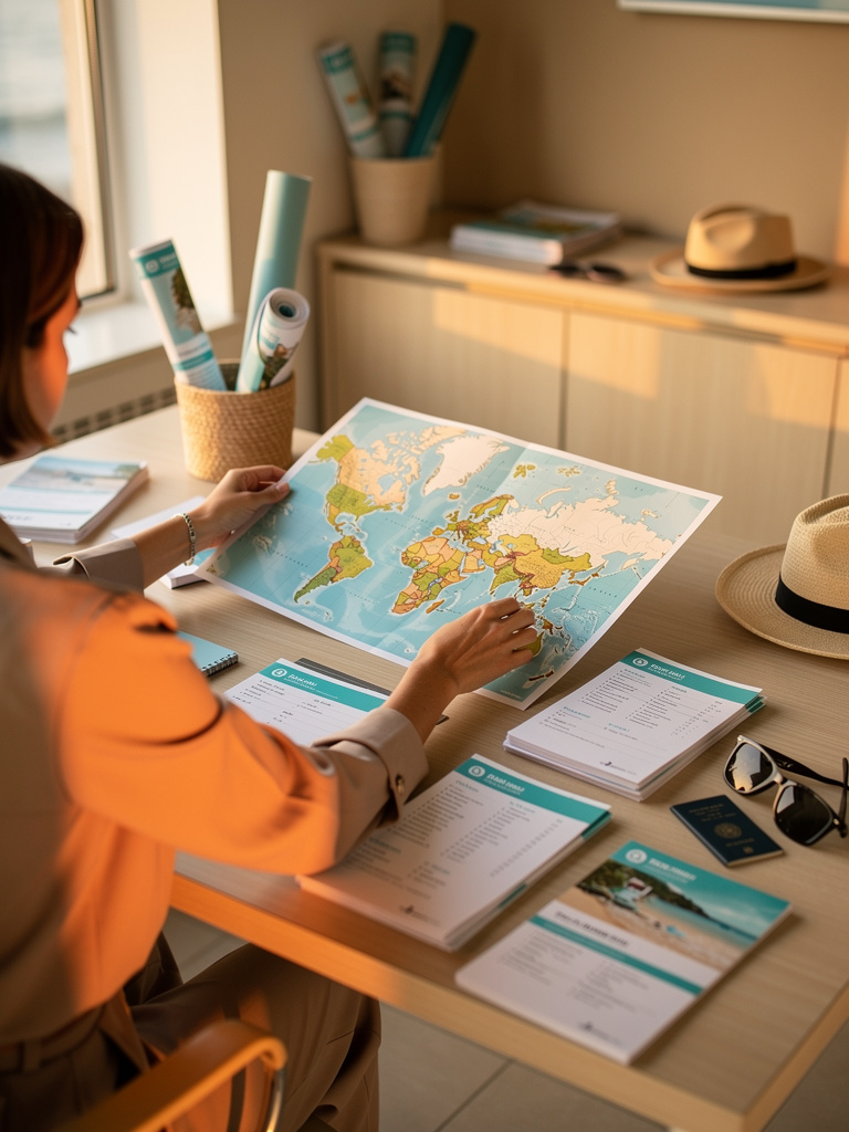 A travel planner seen from behind at a light wood desk, arranging a map and printed itineraries, with the window light f